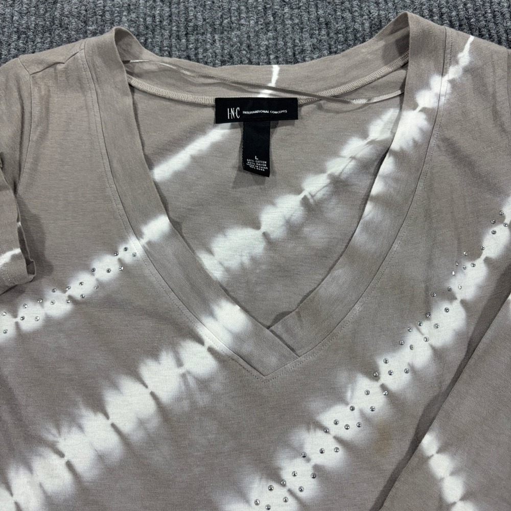 INC International Concepts Women Taupe Tie Dye Rhinestone V-Neck Top Large L